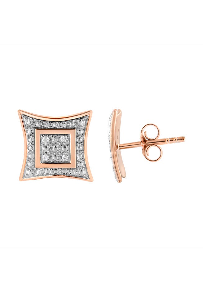 Rose Gold Plated Sterling Silver Diamond Accented 4Stone Four Pointed Star Shaped Halostyle Stud Earrings, , on-hover image number null