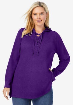 Waffle-Thermal Lace-Up Hoodie